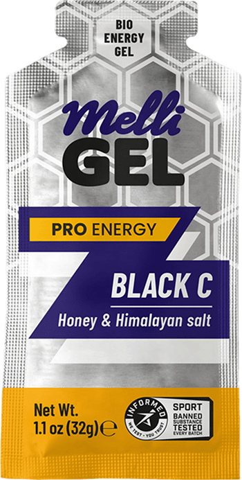 Melli Gel Pro Energy Black C packaging with honey and Himalayan salt on a white background